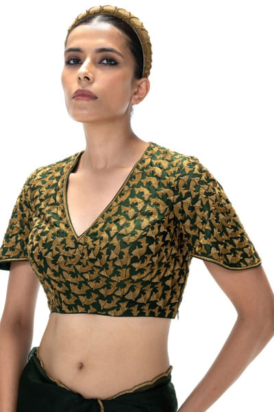 Bottle green embroidered and handwoven blouse