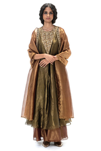 Charcoal-garnet embroidery and woven kurta set