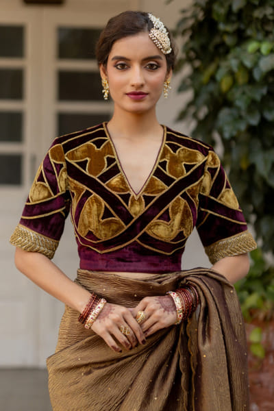 Mimamsaa Mustard and garnet velvet silk blouse MIMAAPR26D143152