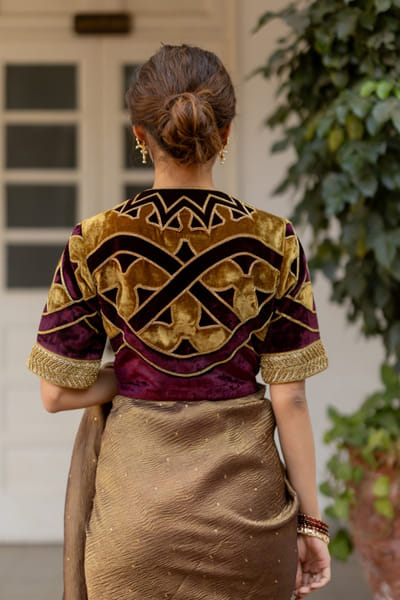 Mimamsaa Mustard and garnet velvet silk blouse MIMAAPR26D143152