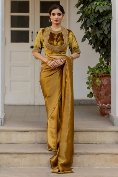 Mimamsaa Toasted caramel tissue silk sari set MIMAAPR26D143154