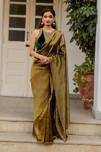 Mimamsaa Green and charcoal tissue silk sari set MIMAAPR26D143159