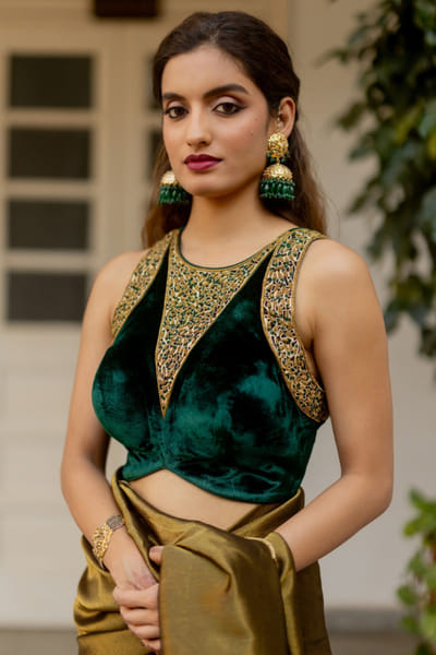 Mimamsaa Green velvet silk blouse MIMAAPR26D143160