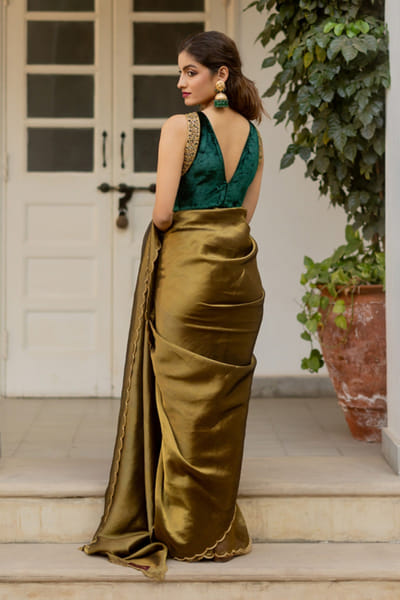 Mimamsaa Green and charcoal tissue silk sari set MIMAAPR26D143159