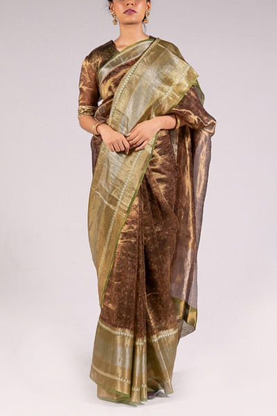 Metallic silk tissue sari set