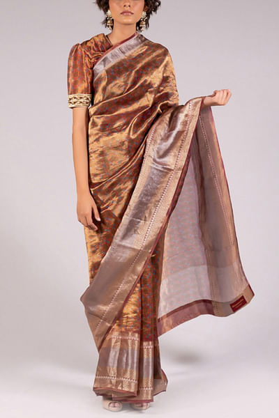 Magenta silk tissue sari set