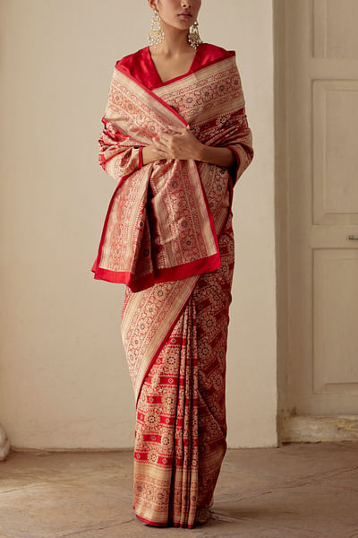 Red satin silk brocade sari
