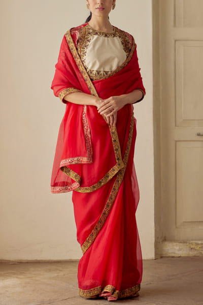 Red silk organza sari