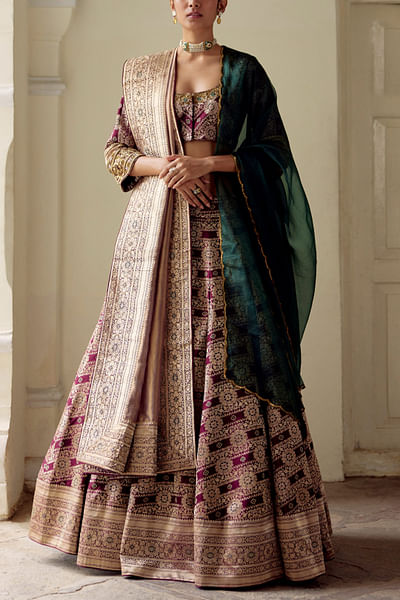 Multicolour satin silk brocade lehenga set
