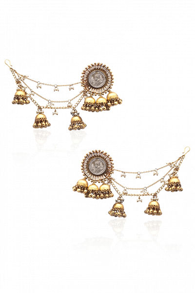 Coin earrings with hair chain and jhumkis