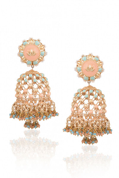 Mint and pink floral jhumkis