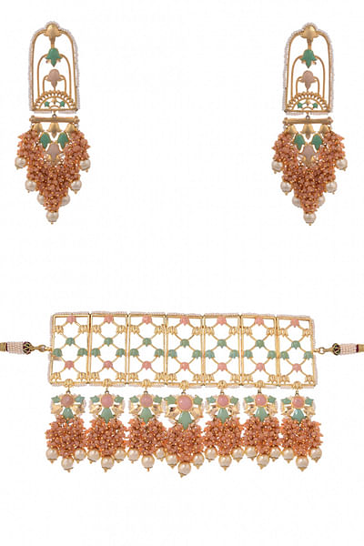 Gold mesh choker necklace set