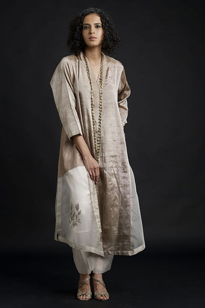 Ivory and silver beige handwoven kurta set