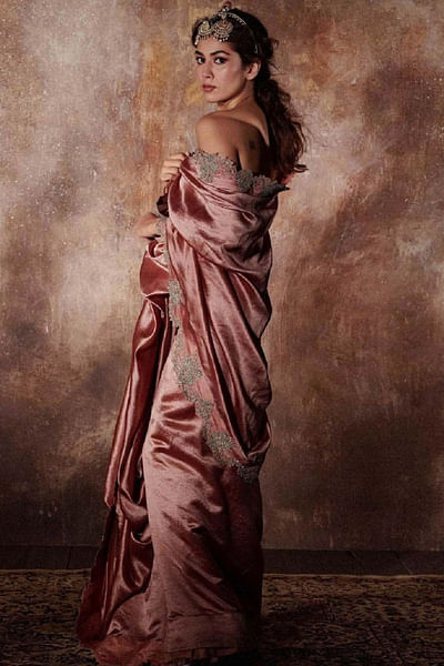 Peach embroidered sari