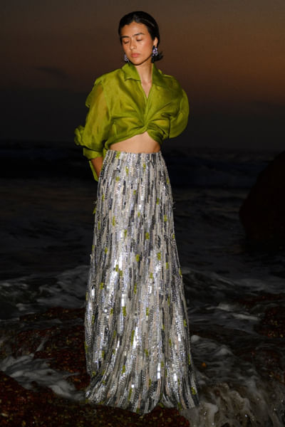 Green and silver embroidered skirt set