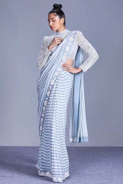 Cloud blue striped sari & crop top
