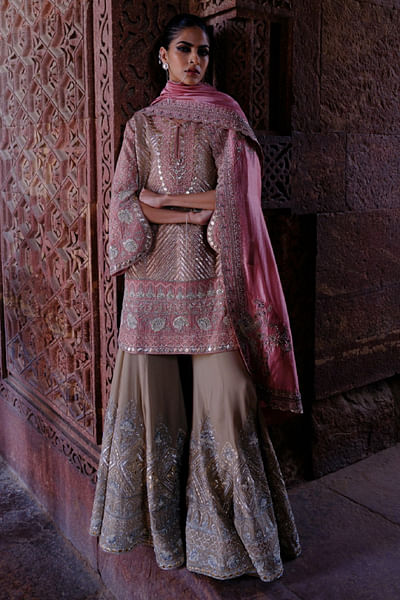 Peach zardozi embroidered sharara set