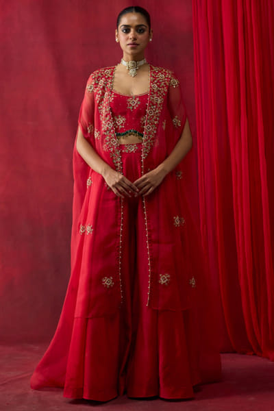Red embroidered organza cape sharara set