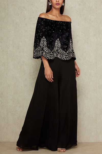 Black off shoulder top with palazzo pants