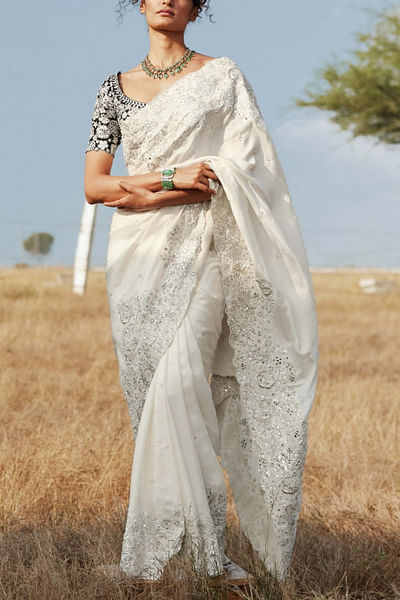 Ivory embroidered silk sari set