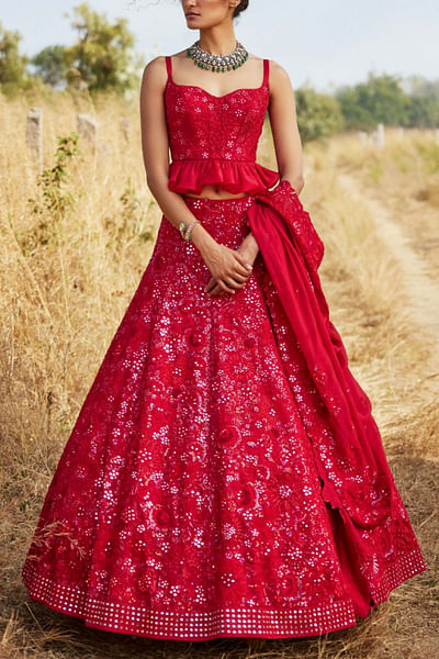 Red embroidered lehenga set