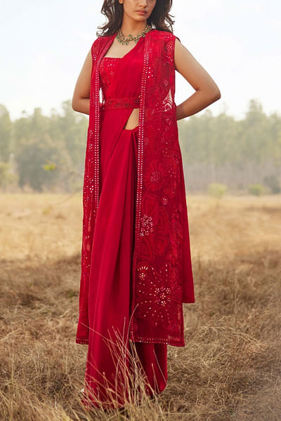 Red sari and jacket set
