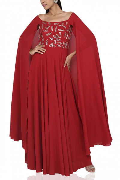 Embroidered gown with cape detailing