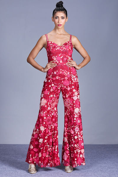 Pink tonal embroidered jumpsuit