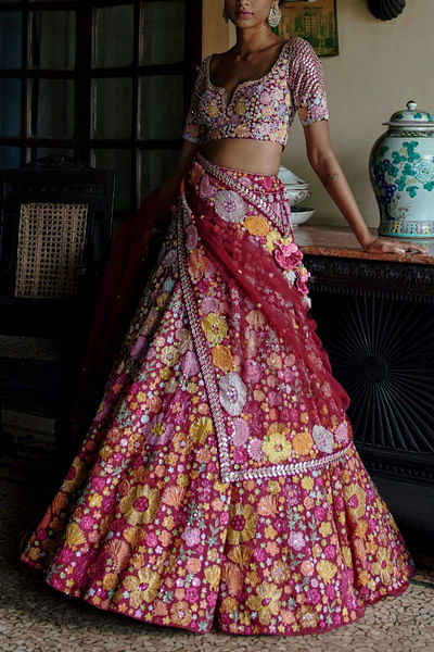 Red embellished lehenga set