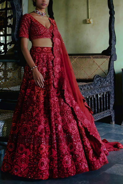 Red embroidered lehenga set
