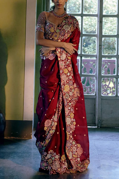 Red embroidered organza sari set