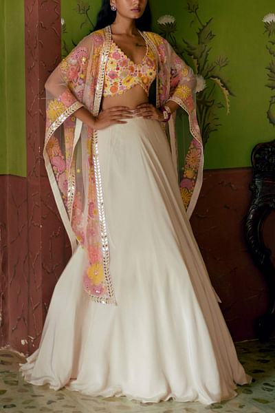 Ivory organza lehenga and cape