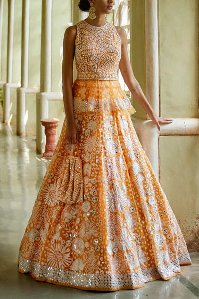 Tangerine embroidered lehenga set