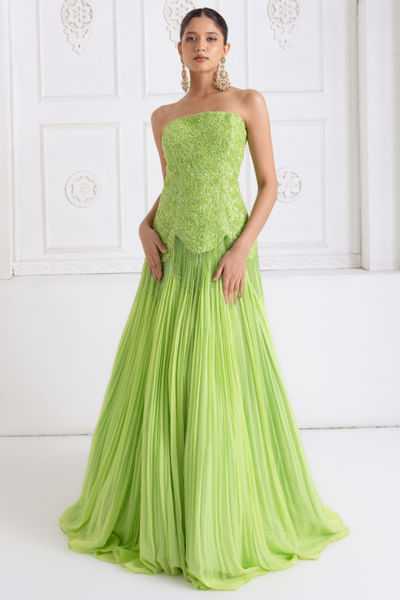 Green embroidered corset lehenga set