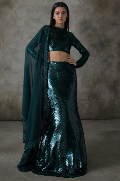 Green sequinned lehenga set