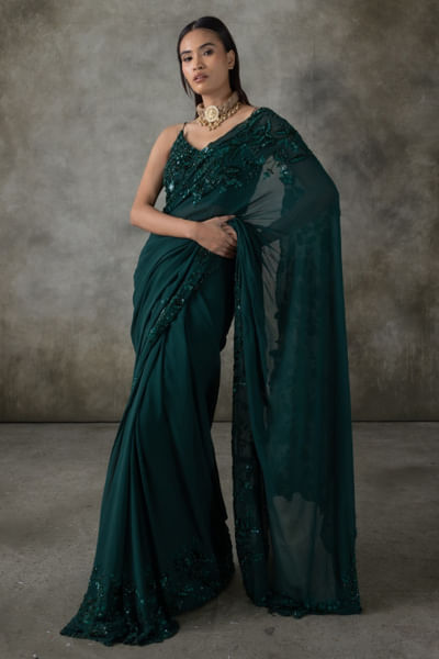 Deep emerald green embroidered sari set