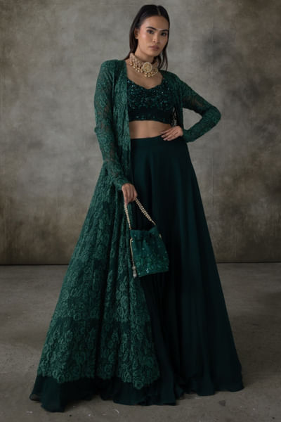 Green embroidered lehenga set