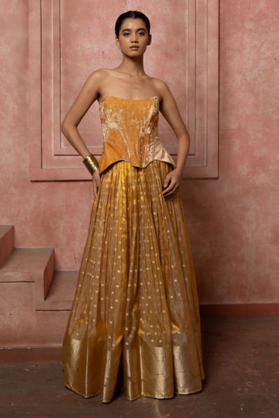 Gold chanderi corset lehenga set