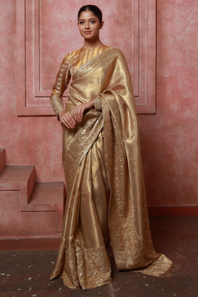 Gold chanderi sari set