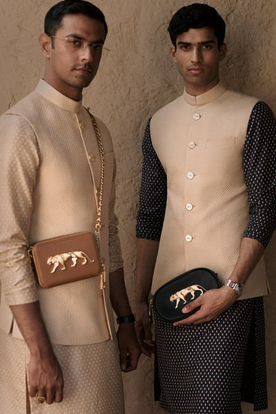 Pearl ivory tiger button quilted Nehru jacket