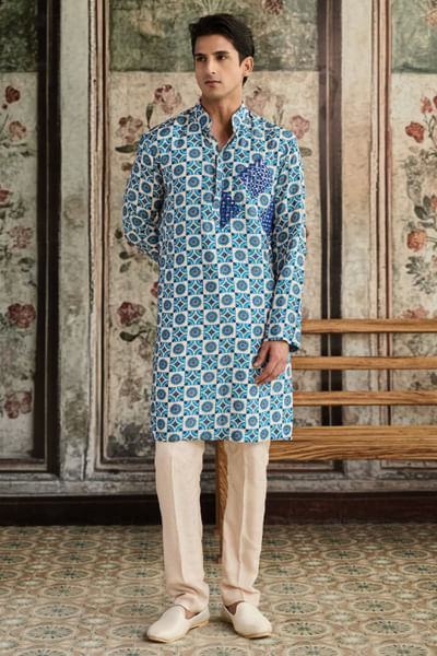 Blue and ivory mirror-embroidered kurta set