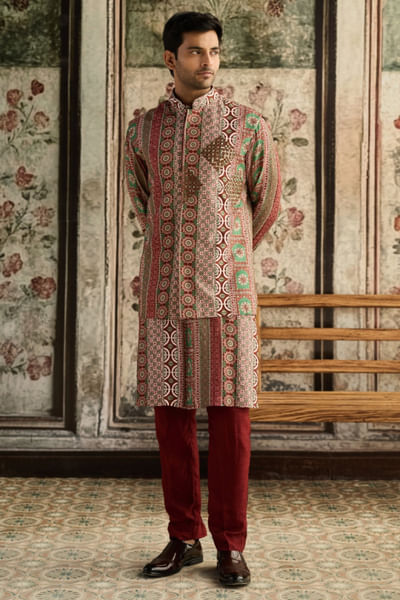 Sage and maroon embroidered kurta set