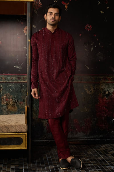 Maroon cutdana embroidered kurta set