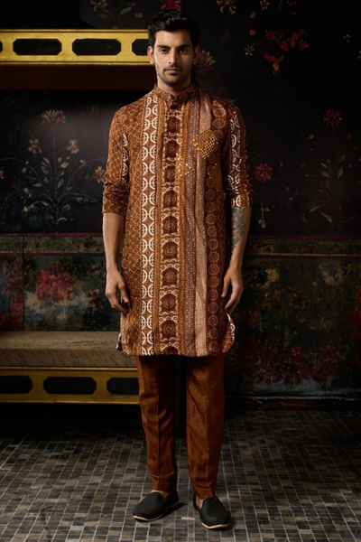 Caramel thread embroidered printed kurta set