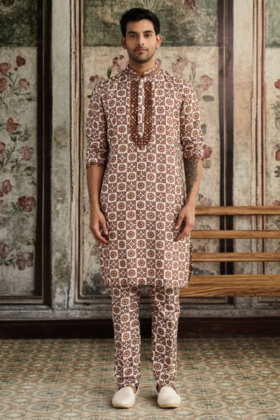 Caramel and ivory thread embroidered kurta set