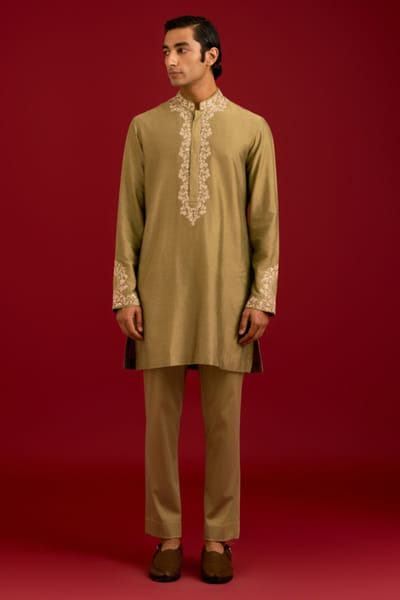Olive green embroidered kurta set