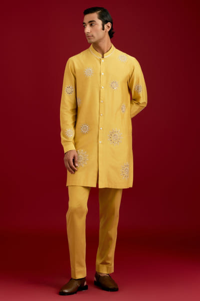 Mustard dori and mirror embroidered kurta set