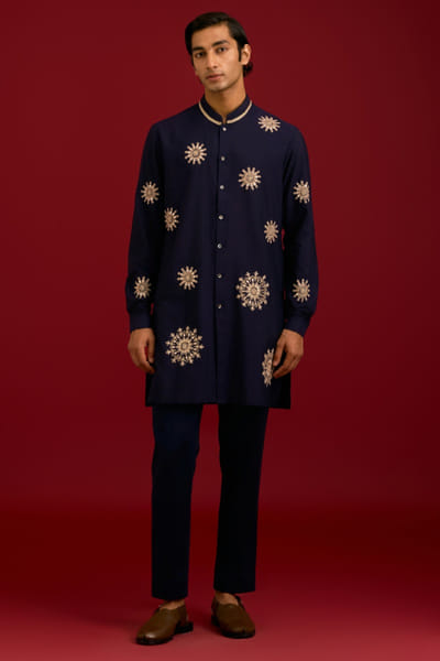 Navy blue dori and mirror embroidery kurta set
