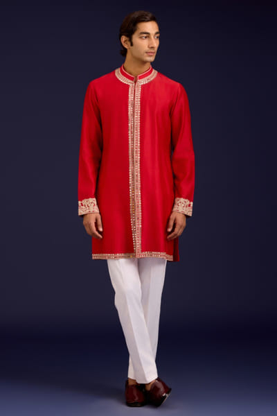 Red dori and mirror embroidered kurta set