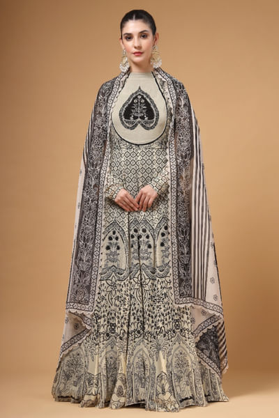 Black and white print embroidered anarkali set